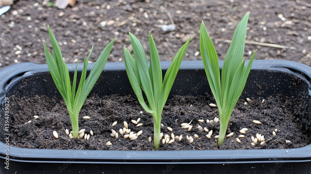 Fototapeta premium Three Young Seedlings Growing in Pot with Seeds