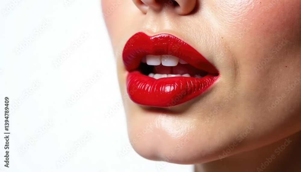 Obraz premium Close-up vibrant red lipstick, stark white backdrop, lip, matte