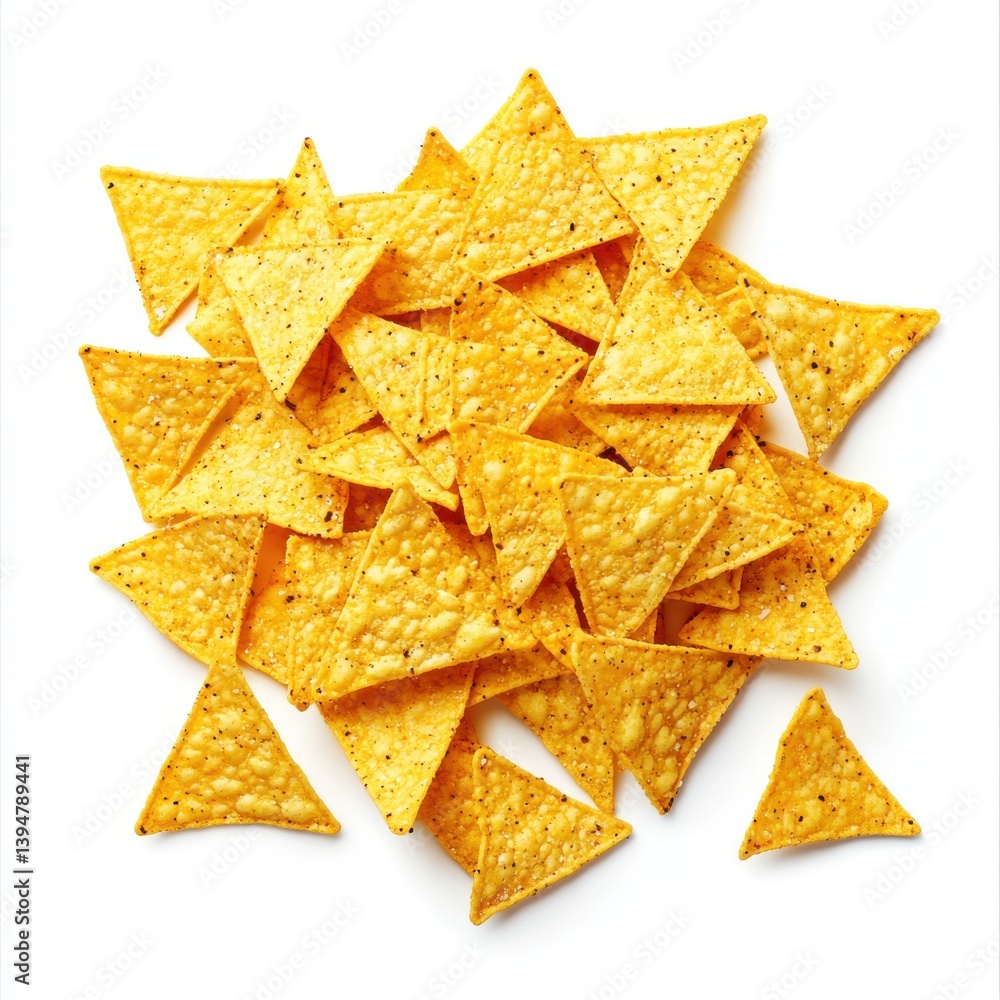 A heap of golden corn tortilla chips scattered isolated on white background A heap of golden corn tortilla chips scattered isolated on white background