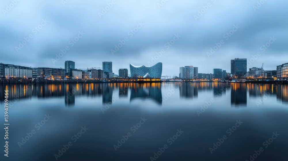 Fototapeta premium Modern Cityscape Reflection at Dusk Over Calm Water Surface