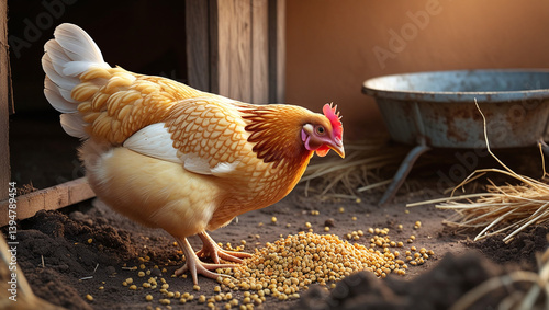 A close-up of brown chickens observing their surroundings in a garden during a sunny afternoon in the countryside, eating in a farm chicken coop.