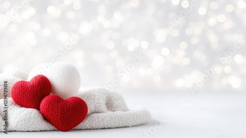 Soft, white, knitted fabric with two red hearts and a white ball,  romantic, festive background