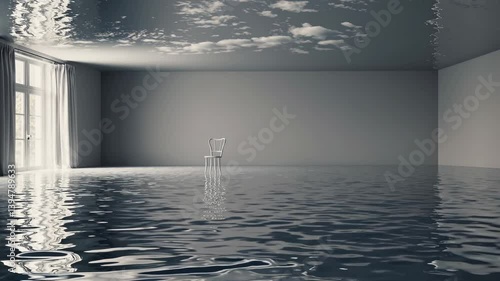 Flooded minimalist interior with reflective water surface