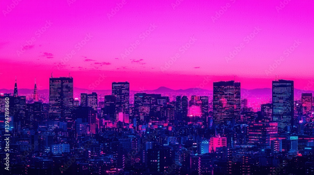 Obraz premium Vibrant Night Skyline with Neon Hues Over City Landscape at Dusk