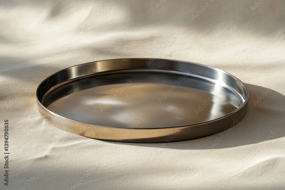 Stylish and sleek metal tray on soft fabric background with natural light highlighting its surface Stylish and sleek metal tray on soft fabric background with natural light highlighting its surface