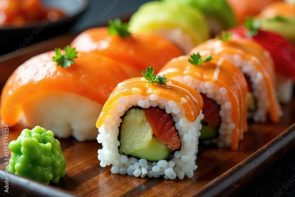 Close-up vibrant sushi platter, various rolls, wasabi, ginger, sushi, sashimi Close-up vibrant sushi platter, various rolls, wasabi, ginger, sushi, sashimi