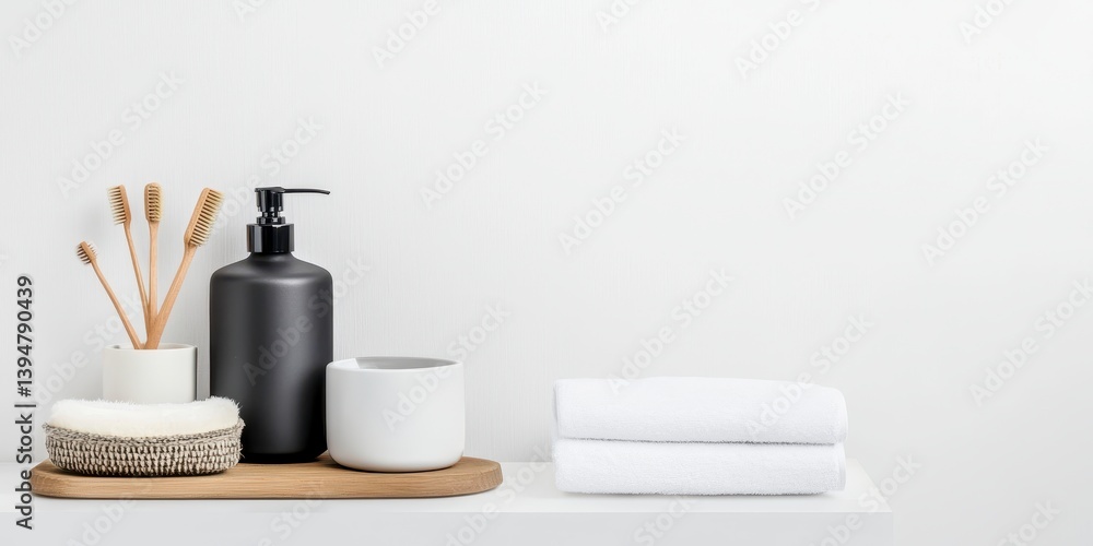 custom made wallpaper toronto digitalSpa like bathroom setting with dark gray pump bottle, white container, fluffy white towels, and natural elements on a wooden tray.