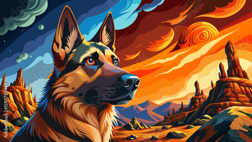 German Shepherd dog on mysterious land under a strange colored sky, animal pet banner