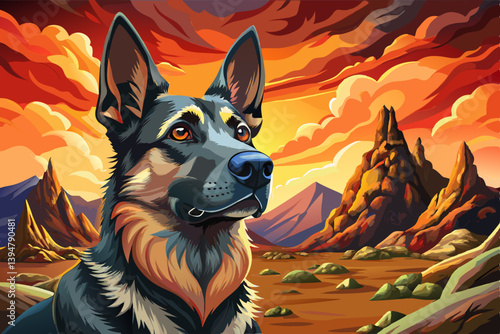 German Shepherd dog on mysterious land under a strange colored sky, animal pet banner