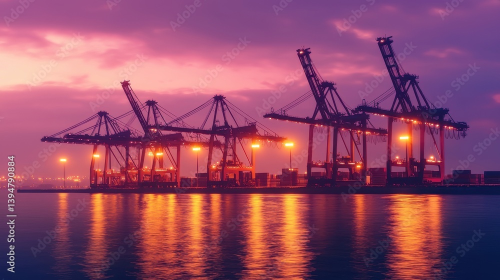 Industrial Harbor with Cranes at Twilight Reflecting in Water Industrial Harbor with Cranes at Twilight Reflecting in Water