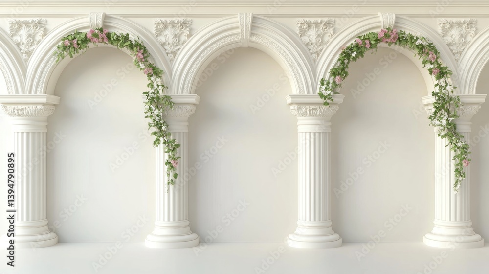 Naklejka premium Architectural structure featuring arches columns and floral vine accents in white