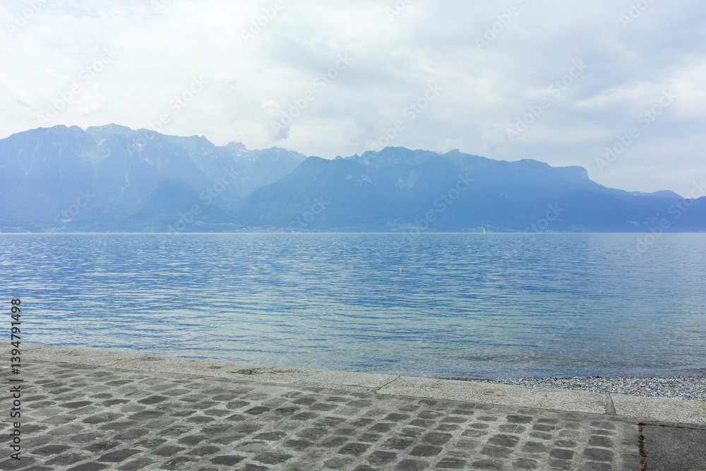 Landscape from town of Vevey to Lake Geneva, Switzerland