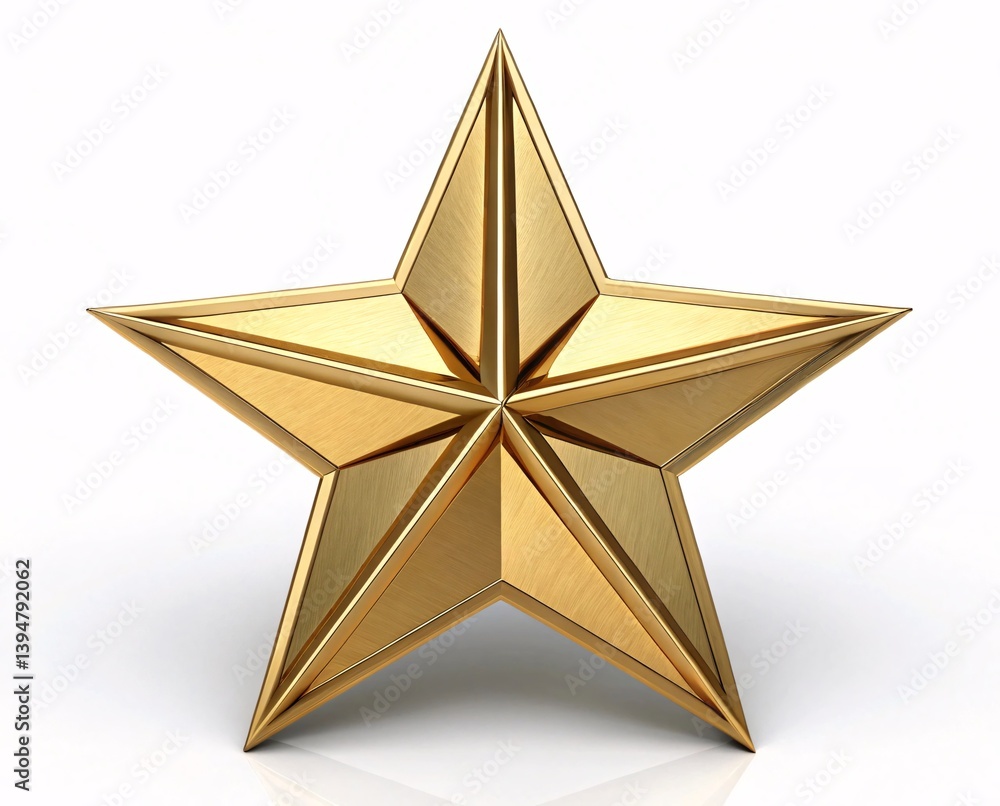Shiny Gold 3D Five-Pointed Star with Metallic Sheen and Beveled Edges Symbolizing Excellence isolated on white background. Shiny Gold 3D Five-Pointed Star with Metallic Sheen and Beveled Edges Symbolizing Excellence isolated on white background.