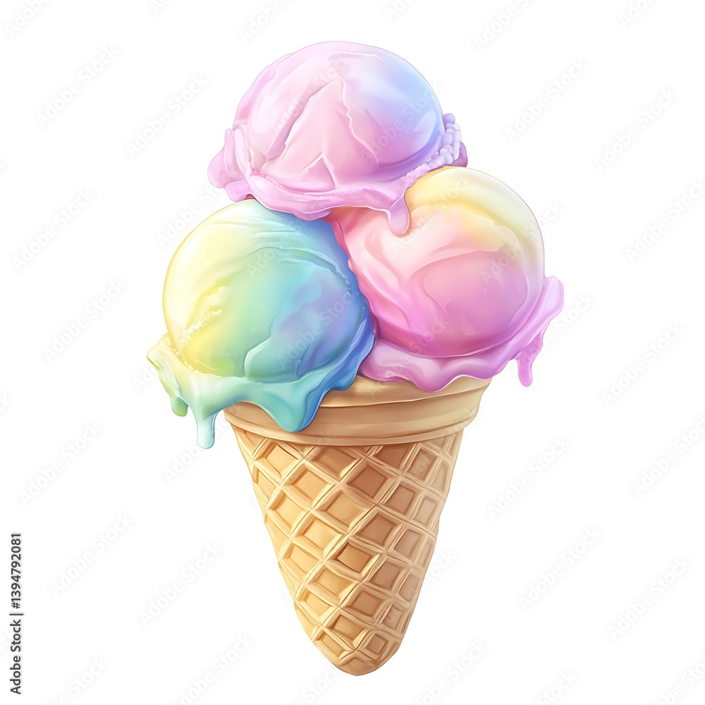 Rainbow Ice Cream Delight: A whimsical, eye-catching visual of three scoops of vibrantly colored ice cream, a treat atop a perfectly formed waffle cone. Rainbow Ice Cream Delight: A whimsical, eye-catching visual of three scoops of vibrantly colored ice cream, a treat atop a perfectly formed waffle cone.