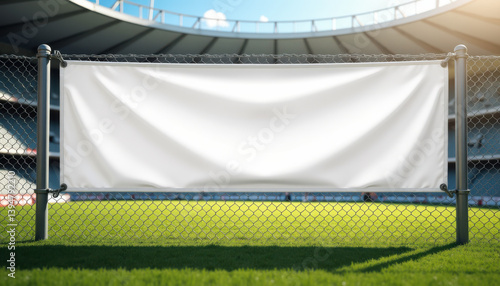Wallpaper Mural Horizontal banner mockup. Blank advertising banner hanging on fence at football arena Torontodigital.ca