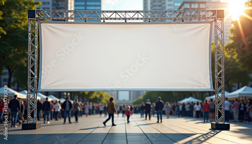 Wallpaper Mural Horizontal banner mockup. Large white event banner mockup on frame at urban open-air venue Torontodigital.ca