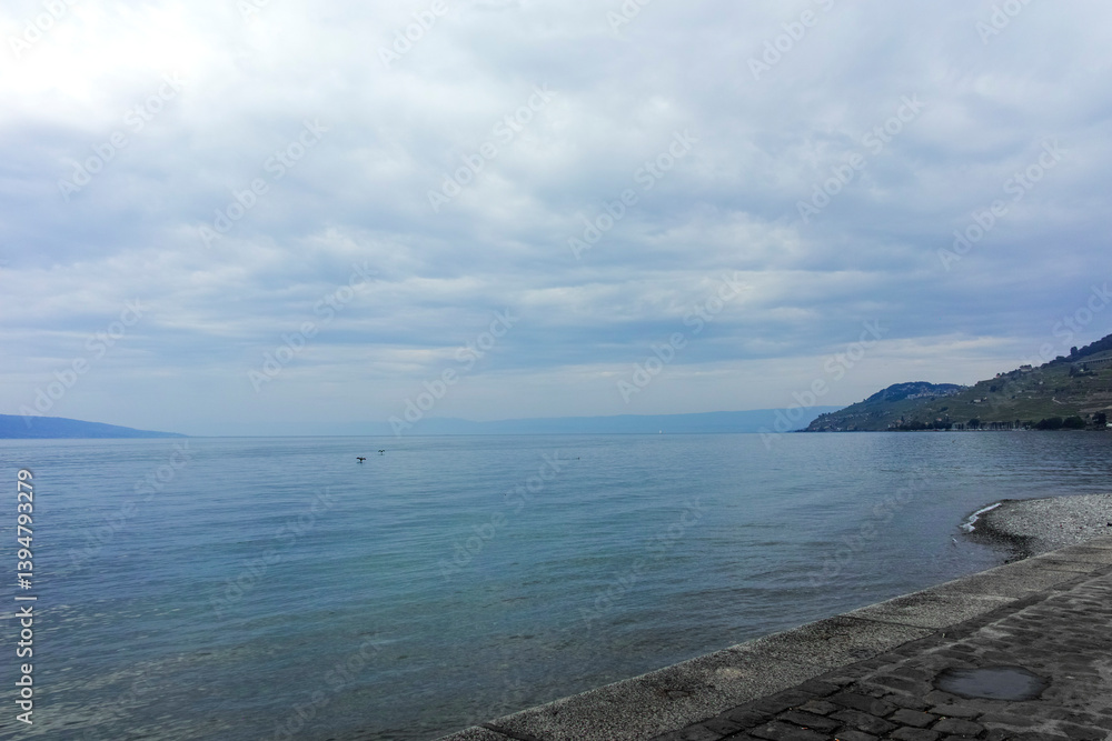 Landscape from town of Vevey to Lake Geneva, Switzerland