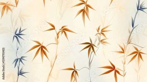 Watercolor painting of bamboo leaves in shades of brown, blue, and beige on a textured background.