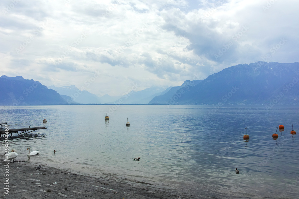 Landscape from town of Vevey to Lake Geneva, Switzerland