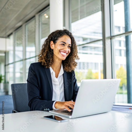 Portrait of smiling beautiful young woman, professional businesswoman investor manager executive or lawyer, working on laptop computer in office, looking at camera at workplace.