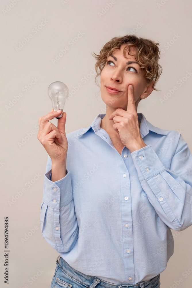 Vertical portrait of pensive Woman holding a light bulb and thinking, innovative ideas for her startup Vertical portrait of pensive Woman holding a light bulb and thinking, innovative ideas for her startup