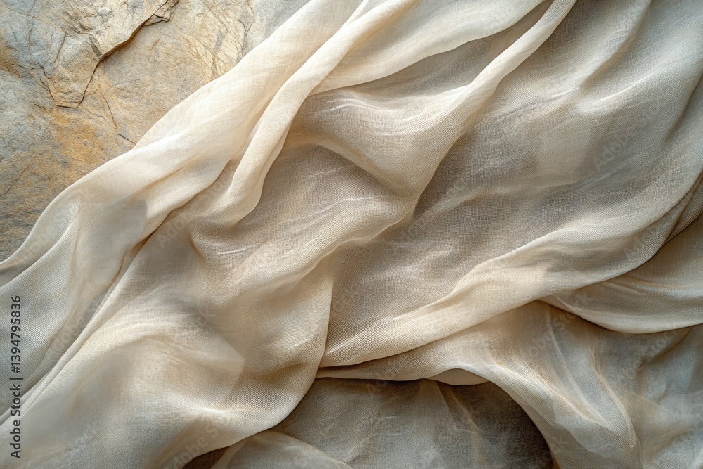 Draped beige sheer fabric on a textured stone background, creating soft folds and shadows.