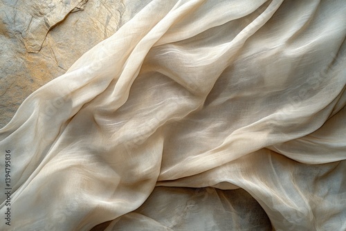 Obraz na płótnie Draped beige sheer fabric on a textured stone background, creating soft folds and shadows. w salonie