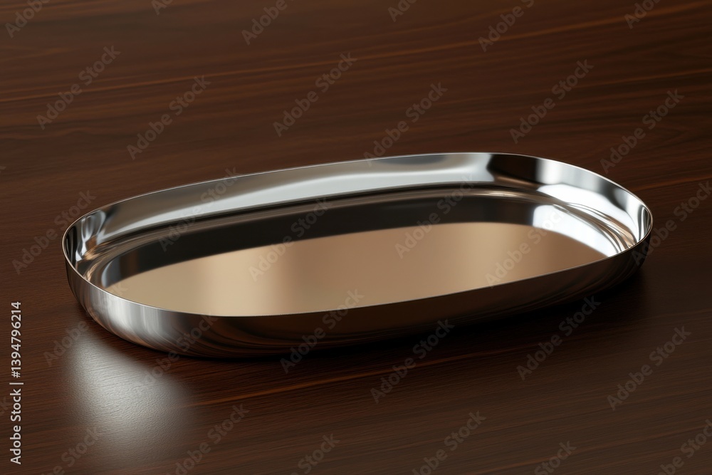 Shiny metal tray rests on a dark wooden surface reflecting ambient light in a minimalist setting Shiny metal tray rests on a dark wooden surface reflecting ambient light in a minimalist setting