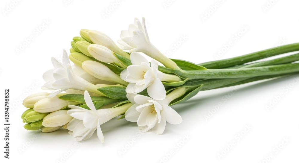 Obraz premium A bunch of tuberose flowers with white petals and green stems lying on a white surface isolated close up isolated on white background