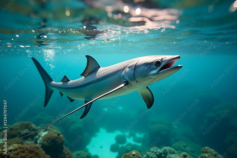 Fototapeta premium A Barracuda's Underwater Ballet, Darting Through Turquoise Depths in a Captivating Marine Encounter Showcasing the Ocean's Beauty and the Fish's Graceful Movement