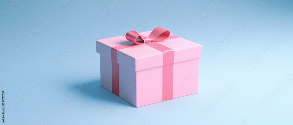 Obraz premium Elegant pink gift box with ribbon on soft blue background conveys celebration and joy in a minimalist style perfect for birthdays and special occasions