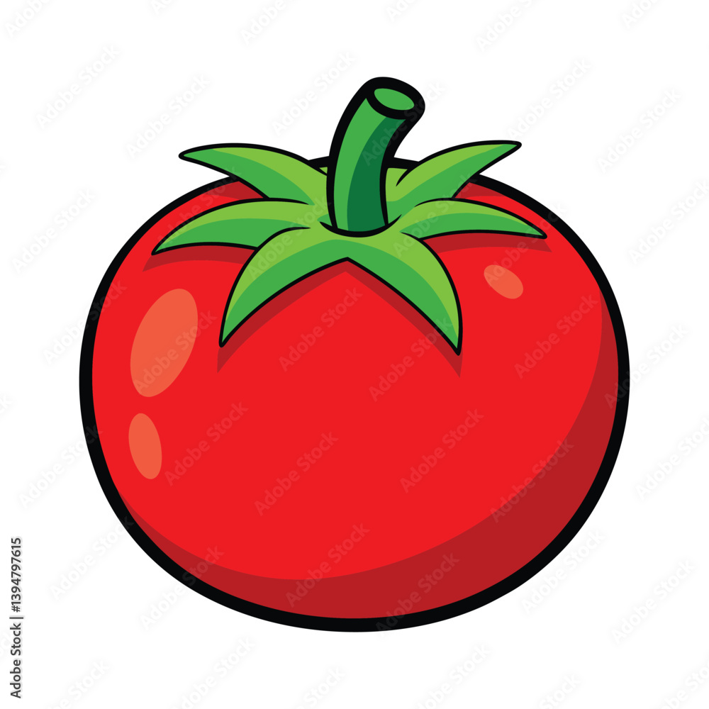 Cartoon Illustration of a Bright Red Tomato with Green Stem and Leaves Cartoon Illustration of a Bright Red Tomato with Green Stem and Leaves