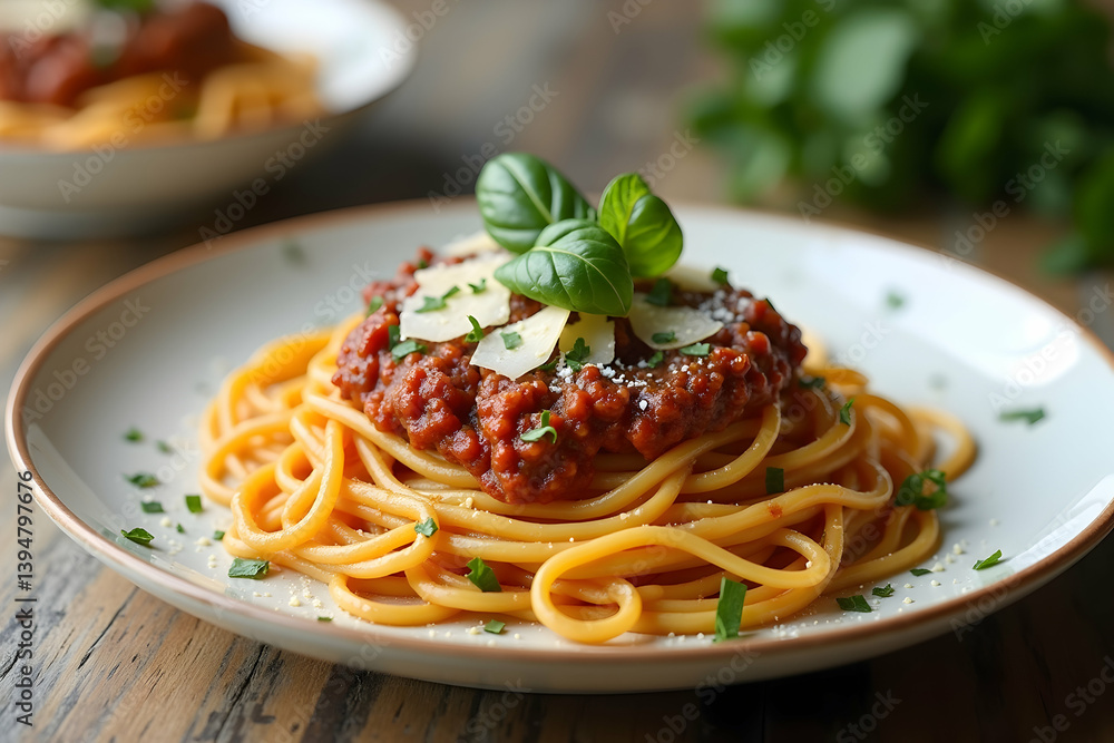 A Beautifully Presented Plate of Spaghetti Bolognese with Fresh Basil and Parmesan, Showcasing Italian Culinary Art and Simple Elegance in Food Photography