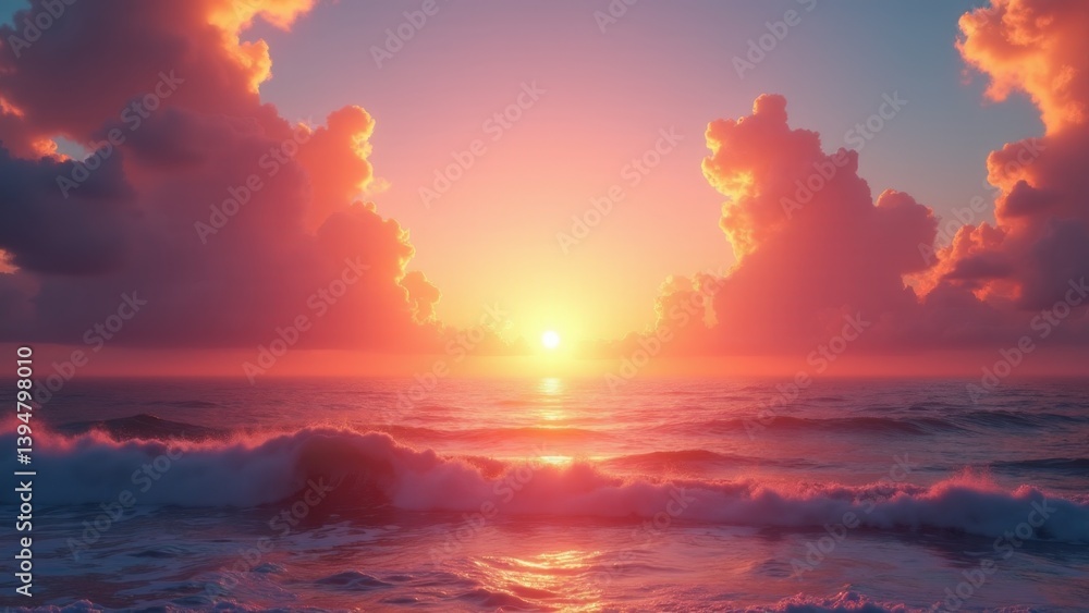 Obraz premium Dramatic Sunset Over Ocean Waves Landscape