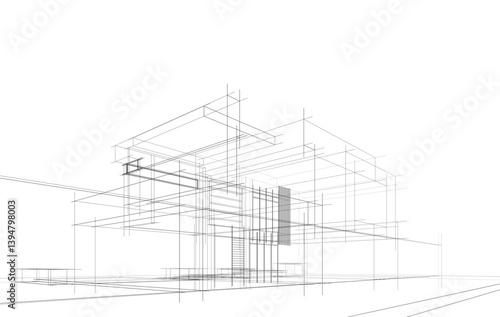 Modern Architectural Wireframe Sketch – Vector Blueprint of Contemporary Building
