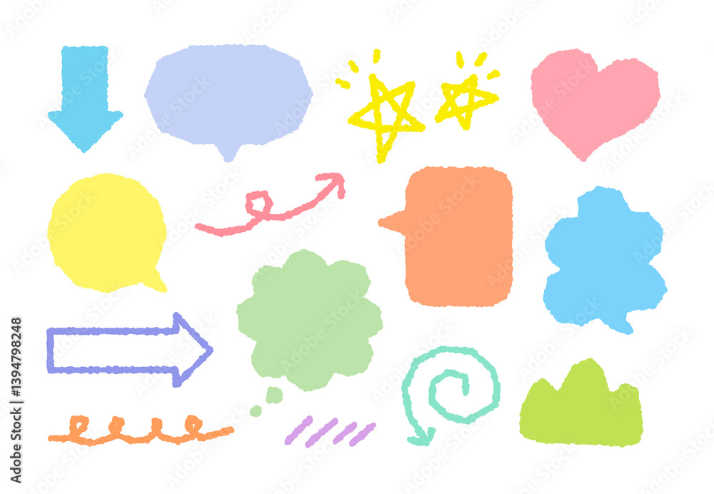 Set of hand drawn funny doodle cartoon illustrations. Speech bubbles, hearts, stars, arrows. Set of hand drawn funny doodle cartoon illustrations. Speech bubbles, hearts, stars, arrows.