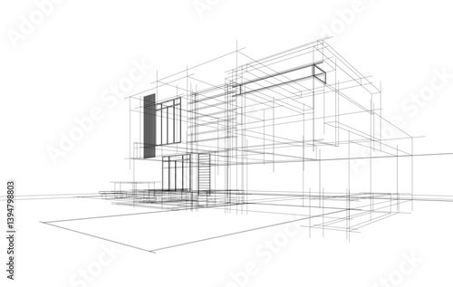 Modern Architectural Wireframe Sketch – Vector Blueprint of Contemporary Buildings