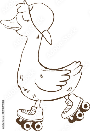 Outline Silly Goose Ride Roller Skate, Meme Cartoon Hand Drawn Doodle. trendy goose.