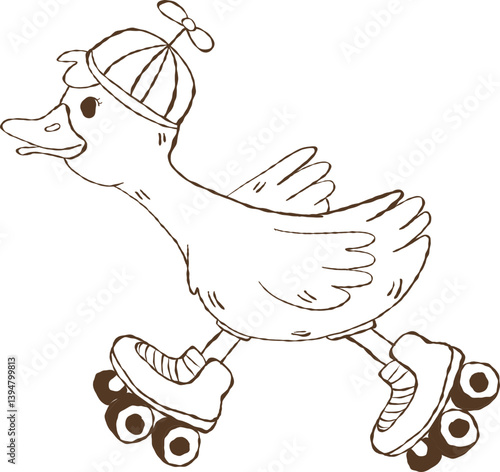 Outline Playful Silly Goose Ride Roller Skate, Meme Cartoon Hand Drawn Doodle. trendy goose.