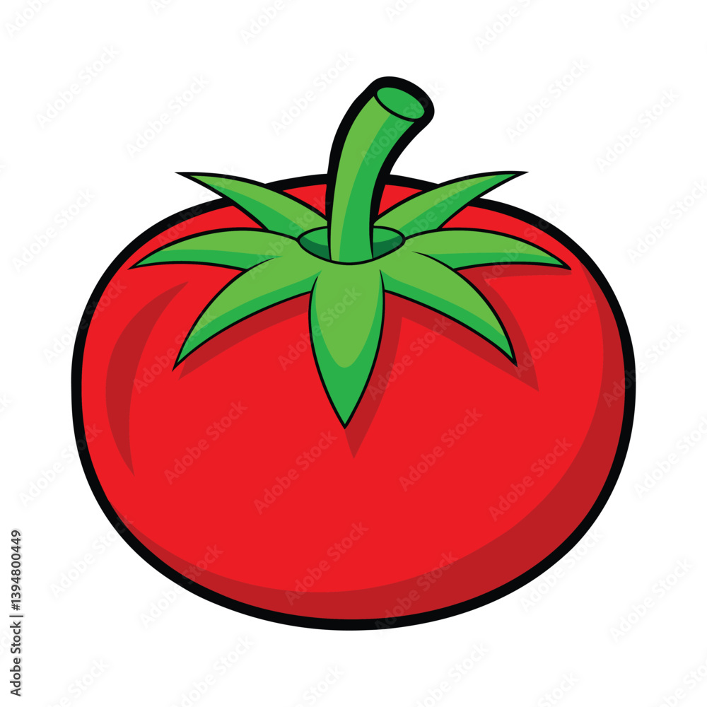 Cartoon Illustration of a Bright Red Tomato with Green Stem and Leaves Cartoon Illustration of a Bright Red Tomato with Green Stem and Leaves
