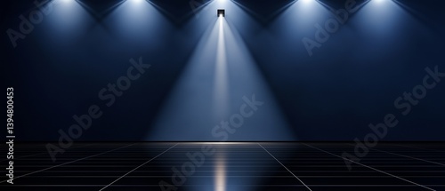 A high-gloss navy wall reflecting a centered sharp spotlight, creating a bold yet minimal presentation space. The reflective black tile flooring enhances the modern contrast.