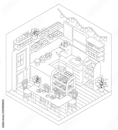 A cafe with a dining table and chairs. There are potted plants on the table and in the background. Isometric view