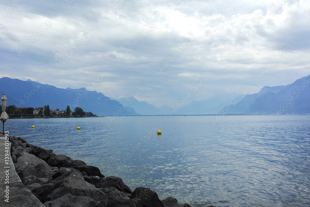 Landscape from town of Vevey to Lake Geneva, Switzerland