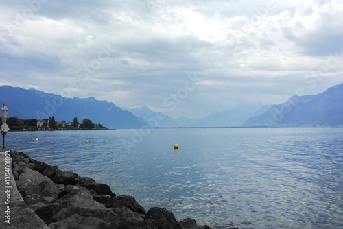Obraz na płótnie Landscape from town of Vevey to Lake Geneva, Switzerland w salonie