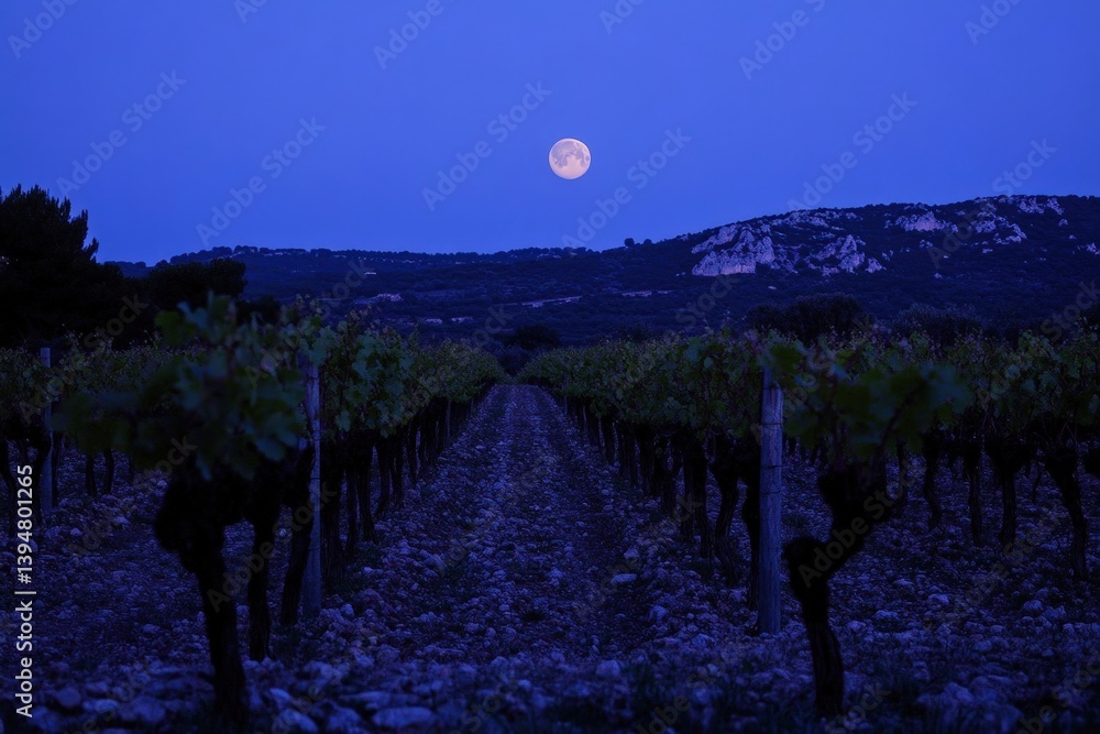 Fototapeta premium Tranquil Night in Southern France with Full Moon and Vineyard Hills