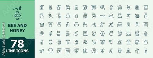Bee And Honey linear icon set. Containing food, bee, organic, honeycomb, nectar, beekeeper and more. Vector icons collection. Honey related icon. Minimalist editable vector stroke.