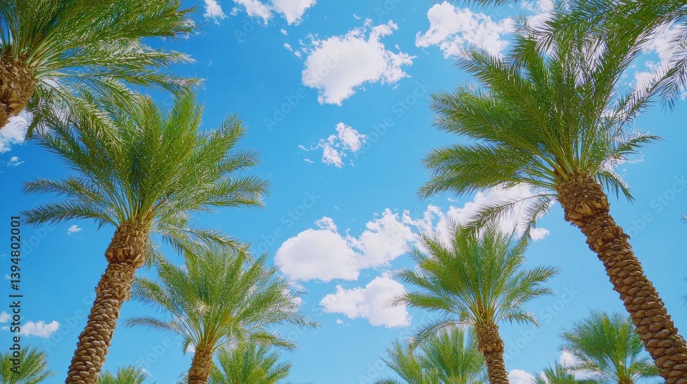 Naklejka premium Bright Tropical Palm Trees Against a Clear Blue Sky with Clouds