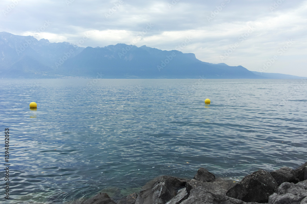 Landscape from town of Vevey to Lake Geneva, Switzerland