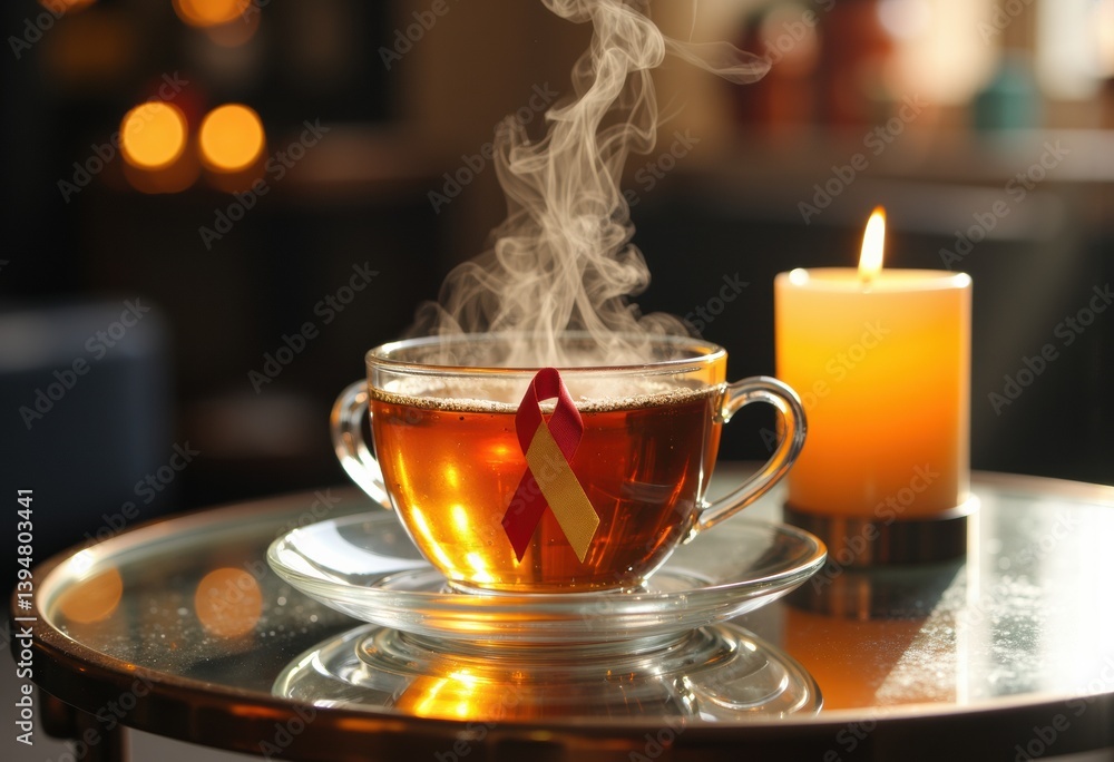 A steaming cup of tea with a ribbon beside a glowing candle A steaming cup of tea with a ribbon beside a glowing candle