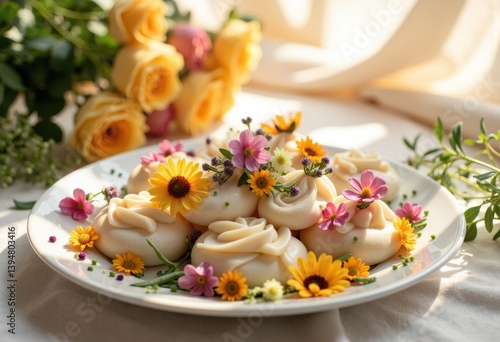 Wallpaper Mural Beautifully arranged plate of dumplings garnished with fresh flowers Torontodigital.ca